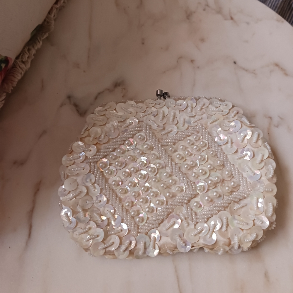 Vintage white Silk Sequin Evening Bag handmade in Hong Kong in the 1950’s